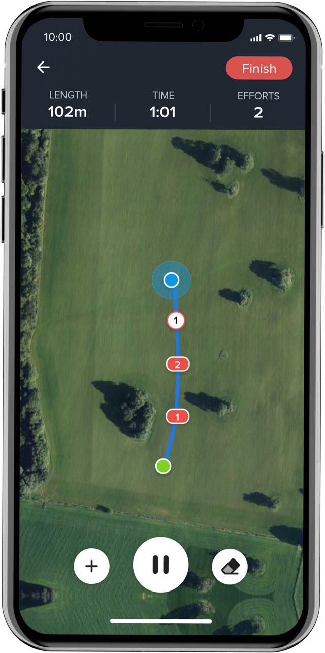 The app recording a course, showing the effort count,
                length and time.